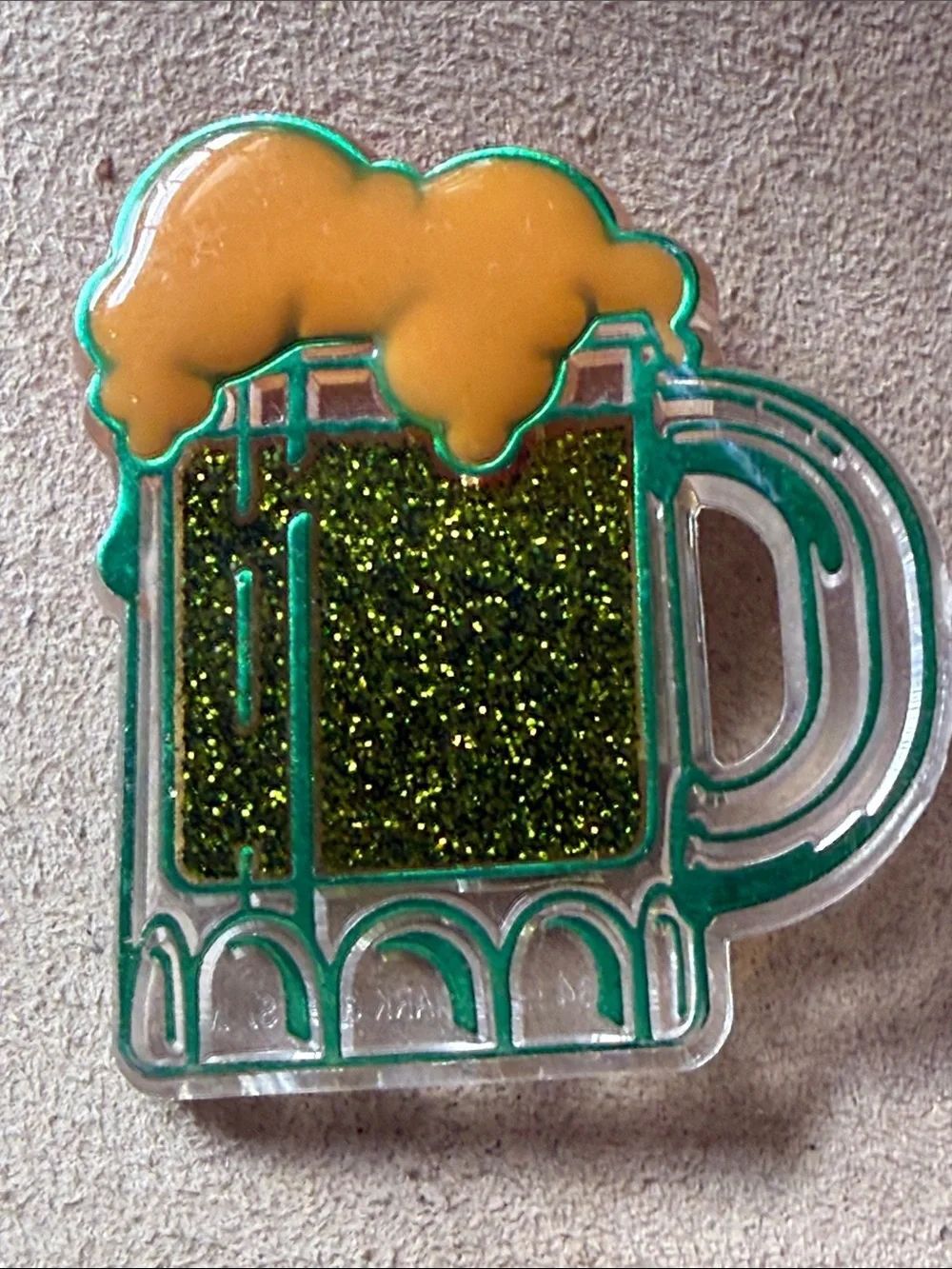 Glitter Green Beer Mug Pin with Yellow Foam